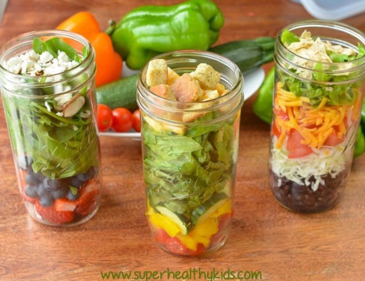 Salad Jars. Be prepared! We love this simple way to have a healthy lunch ready to eat, any time!